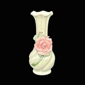 Vintage Cottage Core Iridescent Pink Rose Ruffled Rim Porcelain Vase 7.5"